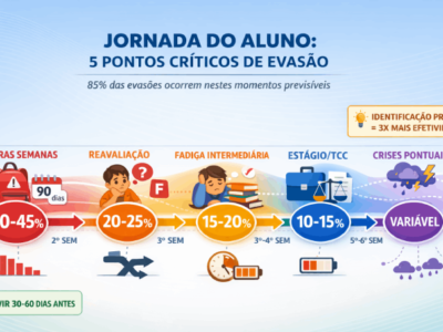 Infográfico visual da jornada do aluno mostrando os 5 pontos críticos de evasão estudantil em linha do tempo com ícones e percentuais