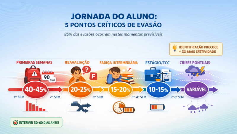 Infográfico visual da jornada do aluno mostrando os 5 pontos críticos de evasão estudantil em linha do tempo com ícones e percentuais